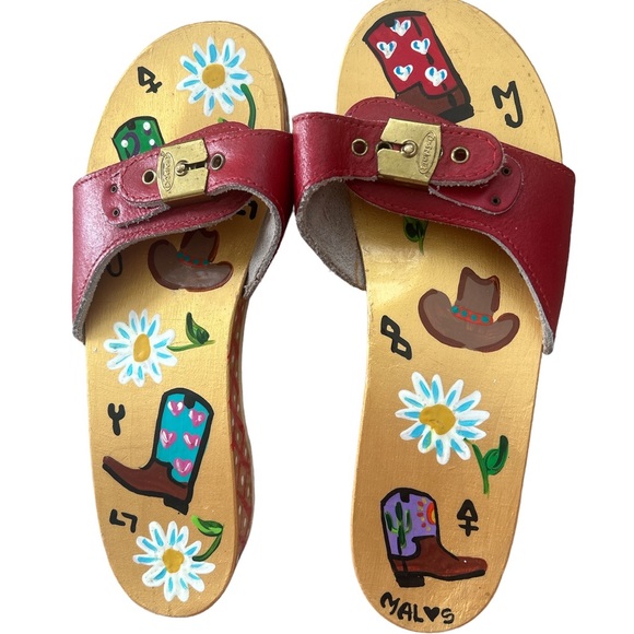 VTG Dr Scholls Hand Painted Floral Western Cowboy Boot EUC Wood Sandals Clogs 8 - Picture 1 of 16